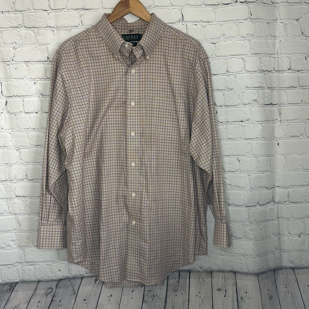 Mens LAUREN RALPH LAUREN Brown CHECKERED LONG SLEEVE SHIRT Sz 17 1/2 Green Label
